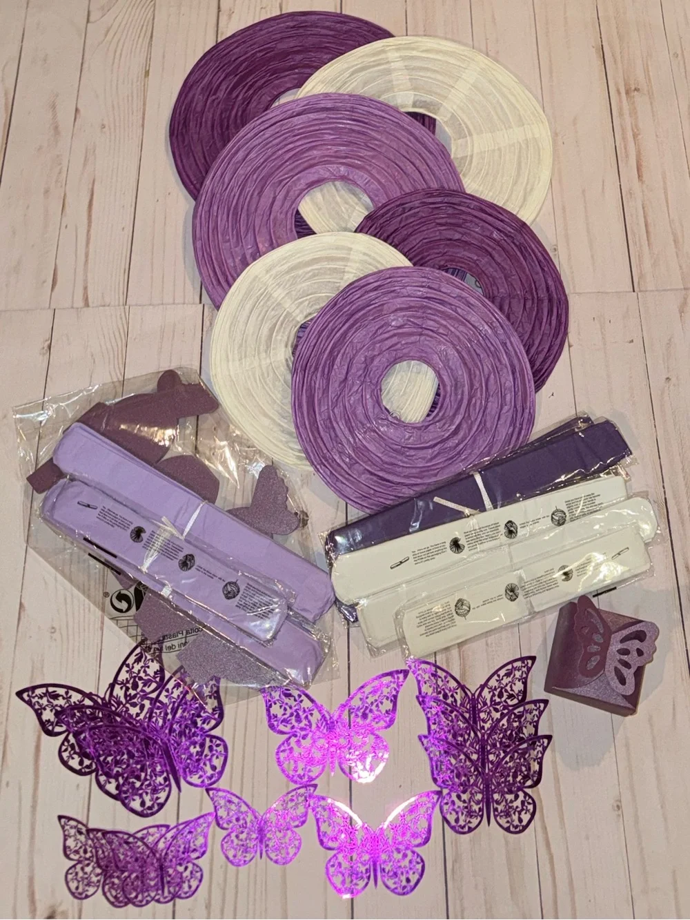 Purple and white party supplies